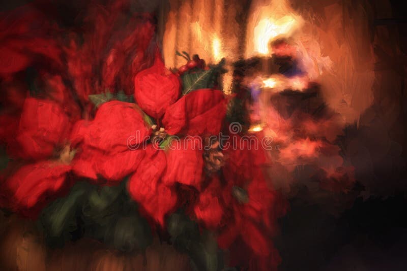 A digital painting of red Poinsettias with a fireplace with fire burning in the background. A digital painting of red Poinsettias with a fireplace with fire burning in the background.