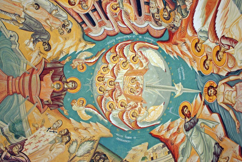 Beautiful religious wall painting with saints on a church ceiling. Beautiful religious wall painting with saints on a church ceiling