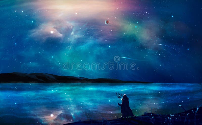 Pittura digitale del paesaggio di fantascienza con la nebulosa, mago, pianeta, illustrazione di stock Pittura digitale del paesaggio di fantascienza con la nebulosa, mago, pianeta, illustrazione di stock
