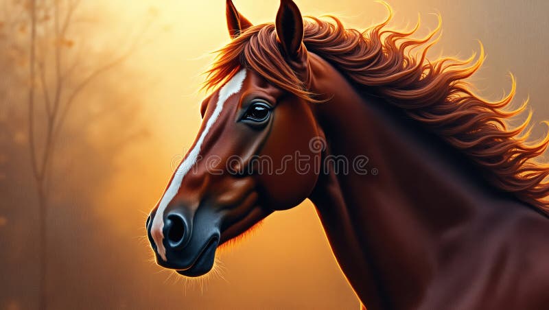 Pittura HyperRealistica ad alta risoluzione di un potente cavallo di colore marrone illustrazione di stock