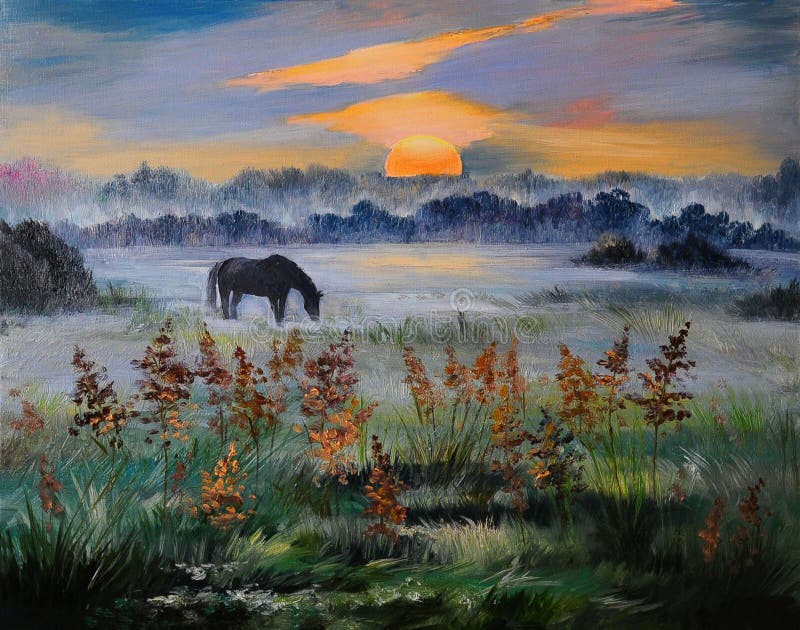 Oil painting of field at sunset. Oil painting of field at sunset