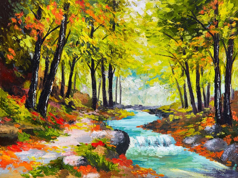 Pittura a olio del paesaggio - fiume nella foresta di autunno