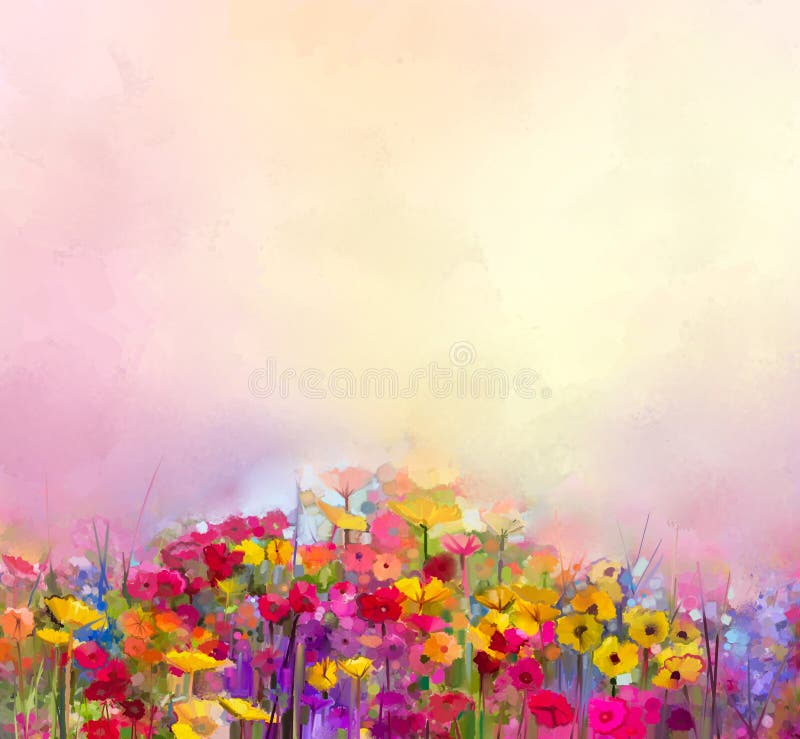 Pittura a olio di astrattismo del fiore della estate-primavera Prato, paesaggio con il wildflower