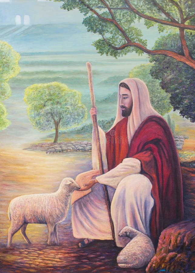 Pittura a olio di Gesù come il buon pastore