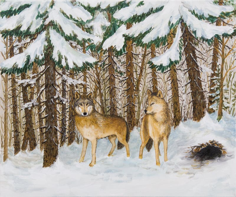 Pittura a olio - lupi nell'abetaia, inverno russo royalty illustrazione gratis Pittura a olio - lupi nell'abetaia, inverno russo royalty illustrazione gratis