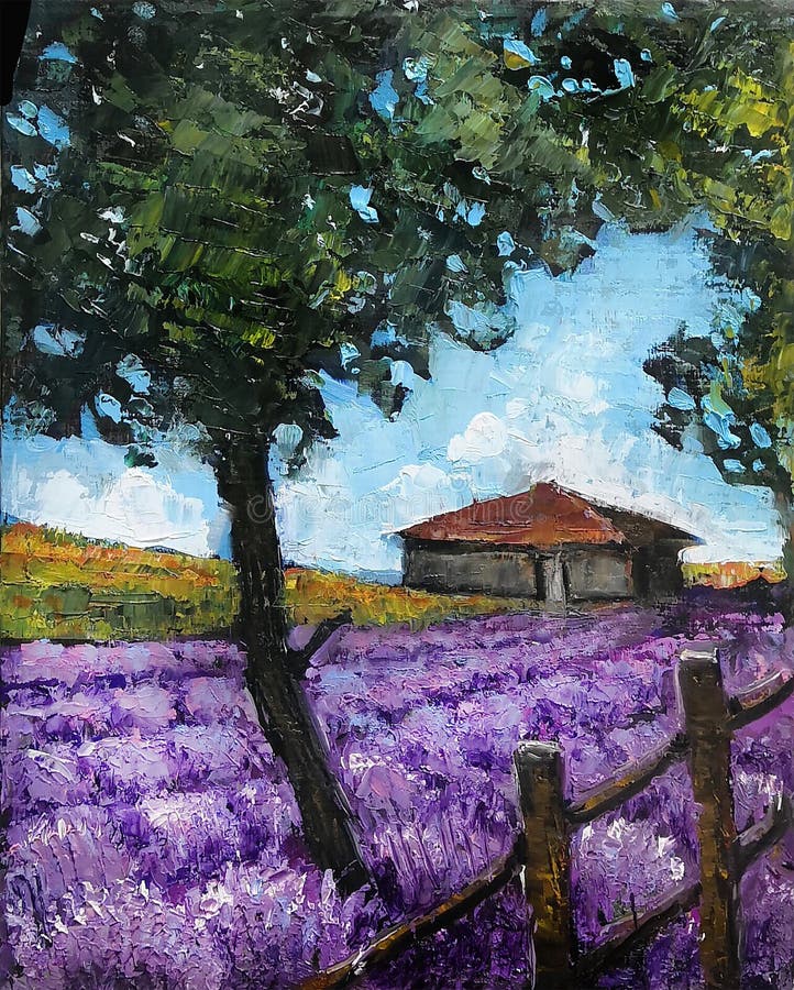 Pittura a olio su tela di canapa Giacimento della lavanda Arte moderna del mestichino Paesaggio di giorno con un campo del violet fotografia stock libera da diritti Pittura a olio su tela di canapa Giacimento della lavanda Arte moderna del mestichino Paesaggio di giorno con un campo del violet fotografia stock libera da diritti