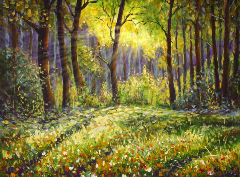 Pittura a olio sul paesaggio soleggiato della foresta di impressionismo moderno della tela illustrazione vettoriale