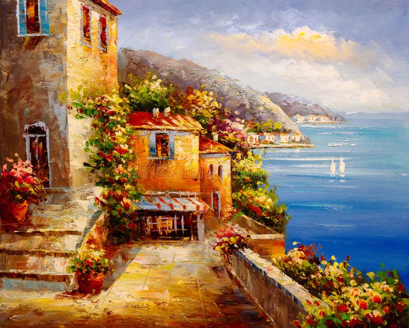 Pittura a olio - vista del porto, Grecia immagine stock libera da diritti Pittura a olio - vista del porto, Grecia immagine stock libera da diritti