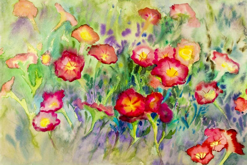 Pittura originale dell'acquerello astratto variopinta del fiore della petunia illustrazione di stock Pittura originale dell'acquerello astratto variopinta del fiore della petunia illustrazione di stock