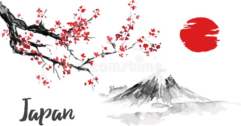 Pittura tradizionale del sumi-e del Giappone Sakura, fiore di ciliegia Fuji mt Illustrazione dell'inchiostro di china Immagine gi