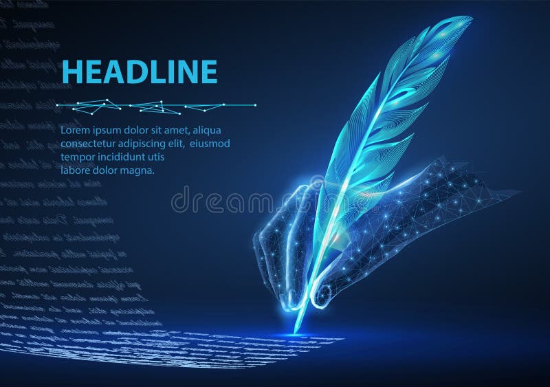 Piuma in mano digitale. creatore automatico di testi che scrive copywriter di intelligenza artificiale illustrazione di stock