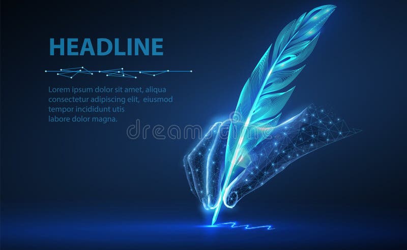 Piuma in mano digitale. creatore automatico di testi che scrive copywriter di intelligenza artificiale illustrazione di stock