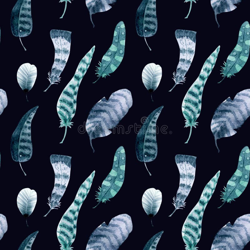 Piume del turchese su fondo nero Modello senza cuciture dell'acquerello illustrazione vettoriale Piume del turchese su fondo nero Modello senza cuciture dell'acquerello illustrazione vettoriale