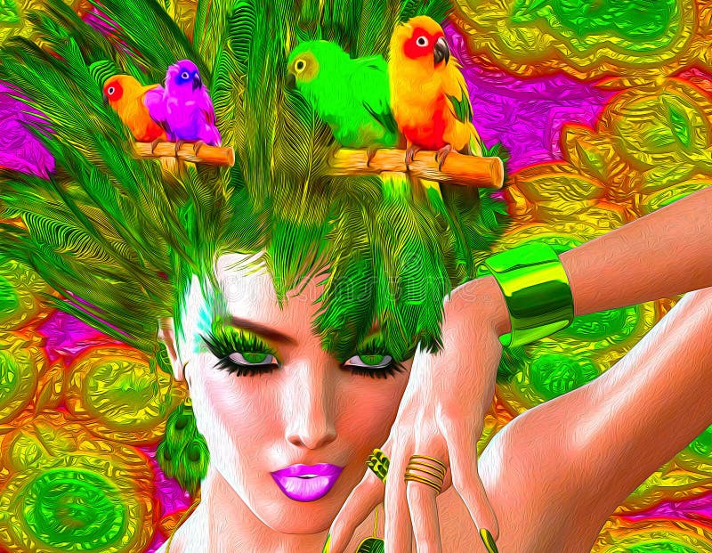 Piume colorate, uccelli e motivi floreali con il volto di una bellissima donna immagine stock libera da diritti