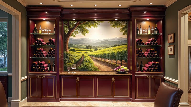 Pivniță elegantă de vinuri cu pictură murală și rafturi din lemn cu ochelari și sticle. Că imaginea este generată folosind AI.