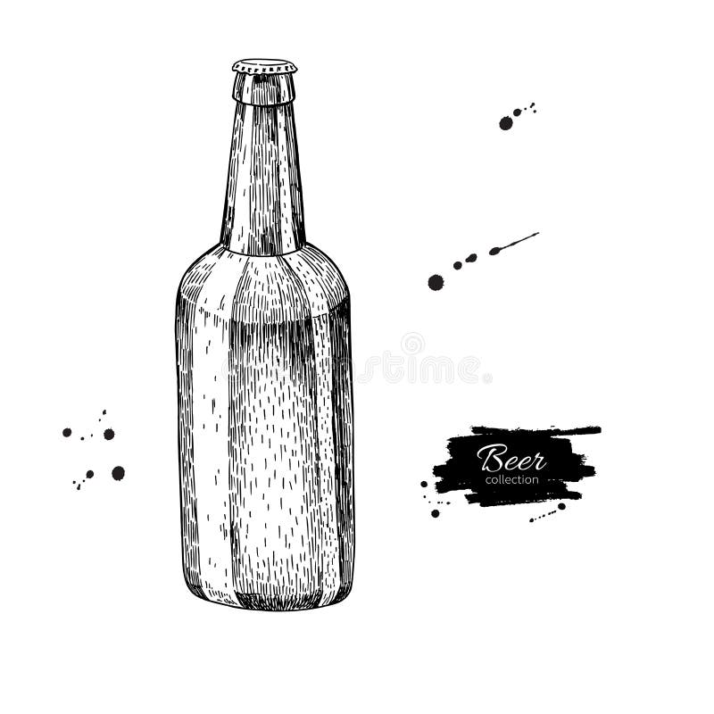 Piwna szklana butelka z pluśnięciem Nakreślenie stylowa wektorowa ilustracja ilustracji Piwna szklana butelka z pluśnięciem Nakreślenie stylowa wektorowa ilustracja ilustracji