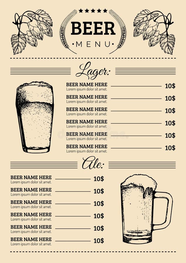 Piwny menu projekta szablon Wektorowy pub, restauraci karta z ręką kreślił lager, ale ilustracje Browarów elementów ikony royalty ilustracja Piwny menu projekta szablon Wektorowy pub, restauraci karta z ręką kreślił lager, ale ilustracje Browarów elementów ikony royalty ilustracja