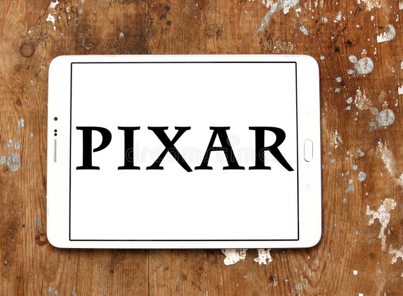 Logo of the American computer animation film studio pixar on samsung tablet on wooden background. Logo of the American computer animation film studio pixar on samsung tablet on wooden background