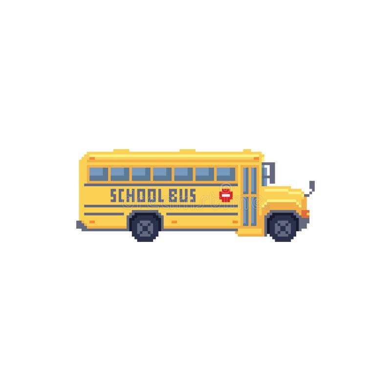 Pixel art 8 biți ilustrare bus galben școală copii izolate royalty free illustration