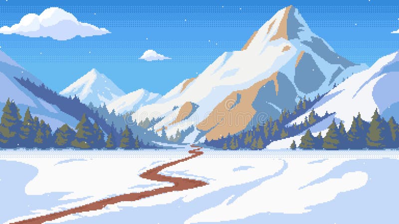 Pixel art boucle animation de fond avec des montagnes enneigées forêt d'épinette et chemin à travers la neige. animé 8 bits illustration libre de droits