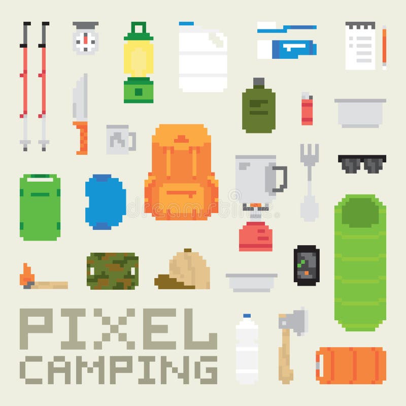 Pixel art camping goods vector objects royalty free illustration