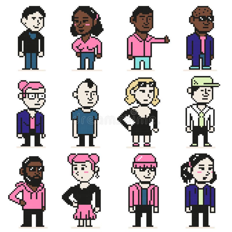 Pixel art characters. Chibi 8 bit people, pixelated video game person mascot isolated vector illustration set vector illustration