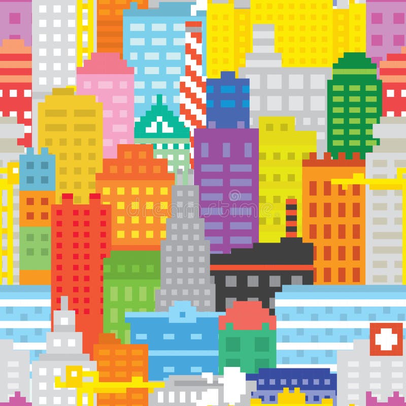 Pixel art style city seamless vector pattern