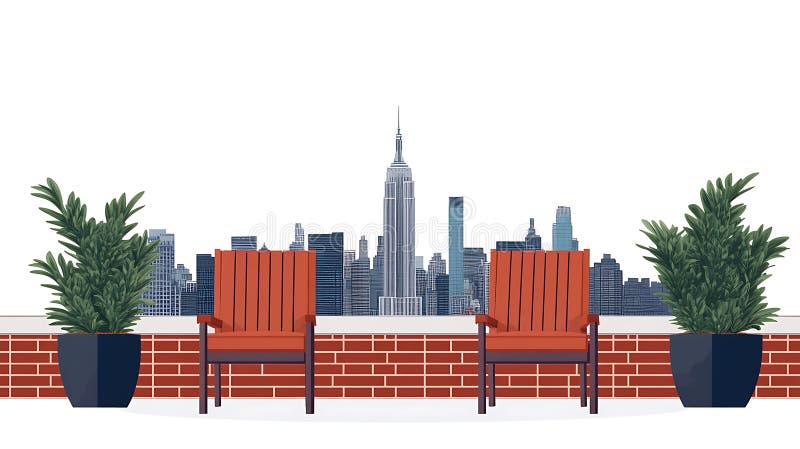 Pixel Art City с видом на крышу с двумя оранжевыми стульями и растениями бесплатная иллюстрация