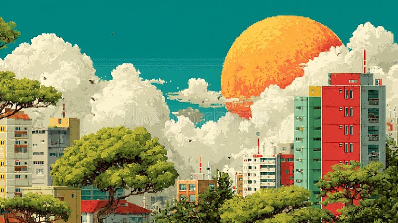 Pixel Art Cityscape с солнцем и облаками иллюстрация штока