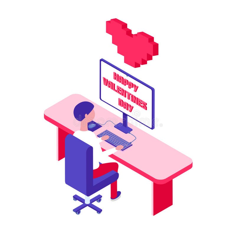 Pixel Art Computer and Love Message Happy Valentines Day. Online Love Communication Man Using