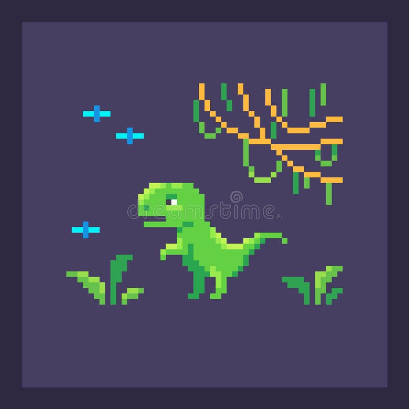 Pixel art of dinosaur describing offline error for internet. No