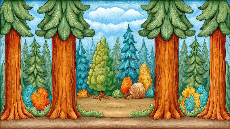 Pixel Art Forest Szene mit Evergreen Trees und Cloudy Sky in Retro Style stock abbildung