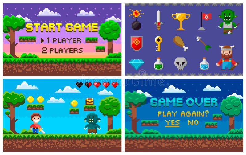 Pixel Art Game en paisaje mordido 8 de la vida del carácter stock de ilustración