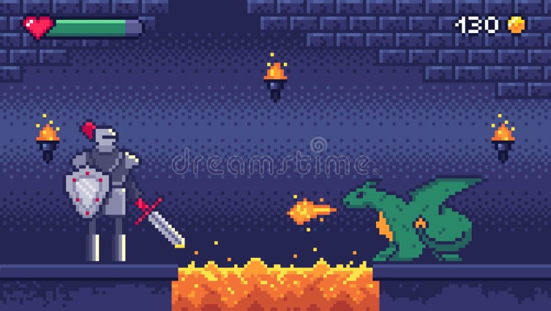 Pixel art game level. Hero warrior fights 8 bit dragon, pixels video games levels scene landscape and retro gaming stock illustration