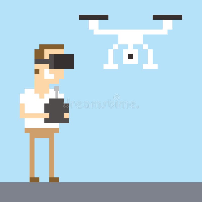 Pixel Art Image Of Man Wearing VR Headset Flying Drone royalty free illustration