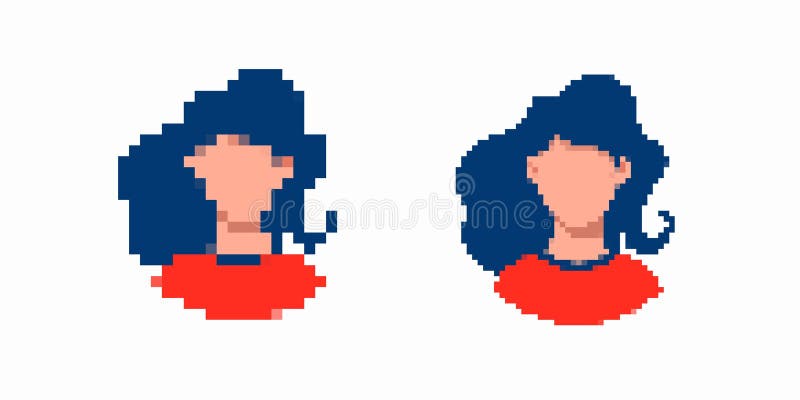 Pixel Art Kobiety z niebieskimi włosami i czerwonymi koszulami w minimalistycznym stylu cyfrowym koncentrują się na prostocie ilustracji