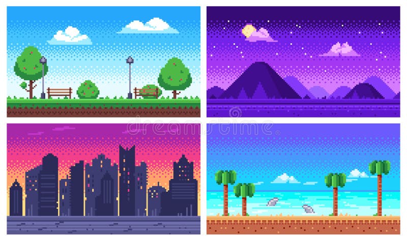 Pixel art landscape. Summer ocean beach, 8 bit city park, pixel cityscape and highlands landscapes arcade game vector