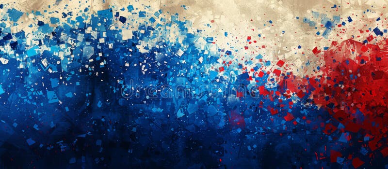 Pixel art of a mosaic of blue, white, and red squares. Wide-format abstract banner with copy space. stock photography
