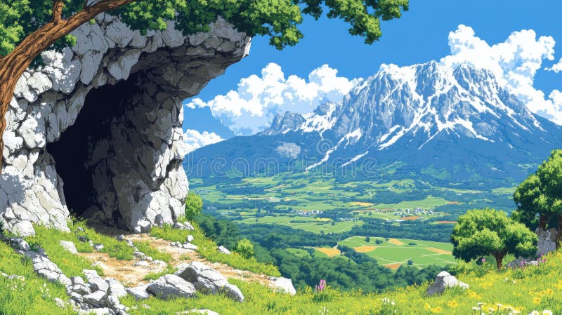Pixel Art Mountain Landscape, a Serene View from a Cave Entrance