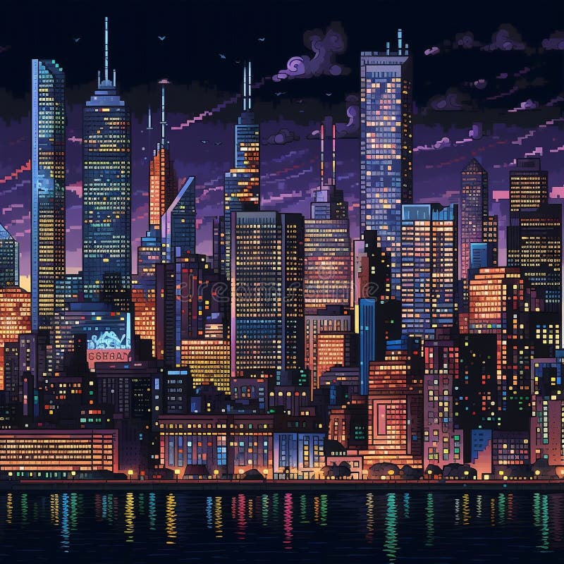 32 Pixel Art New York City at Night. Generative AI Stock Illustration ...