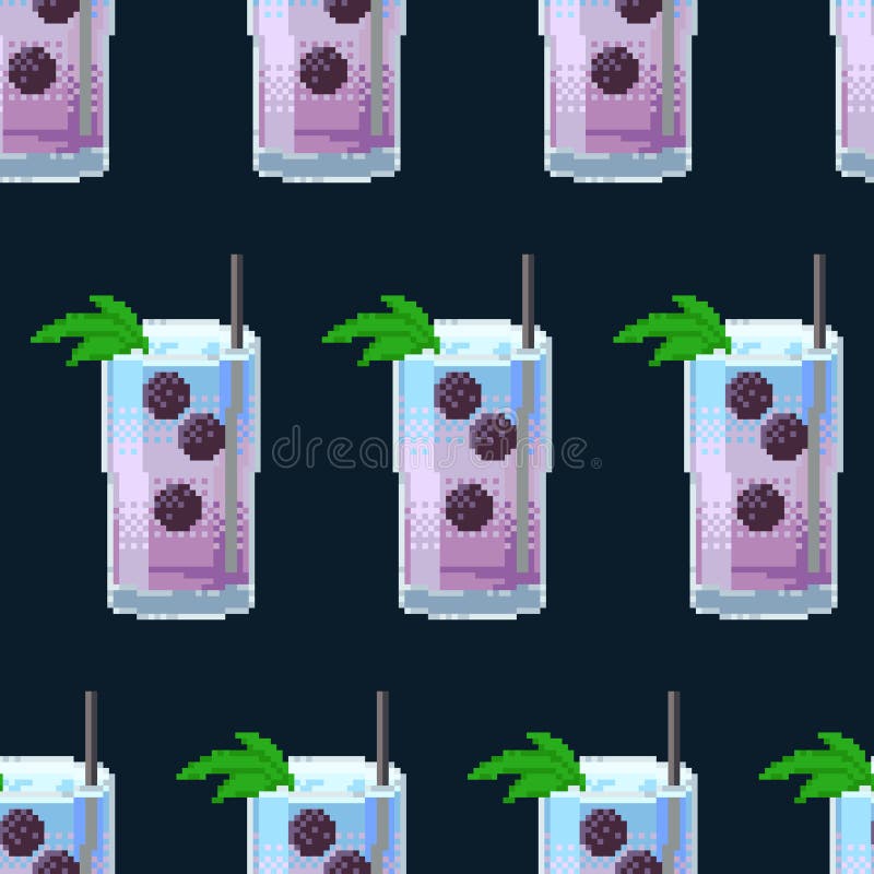 Pixel art płynny wzór z odświeżającym koktajlem jeżynowym. Ładny styl retro dla wyrobów włókienniczych do pakowania cyfrowego lub royalty ilustracja