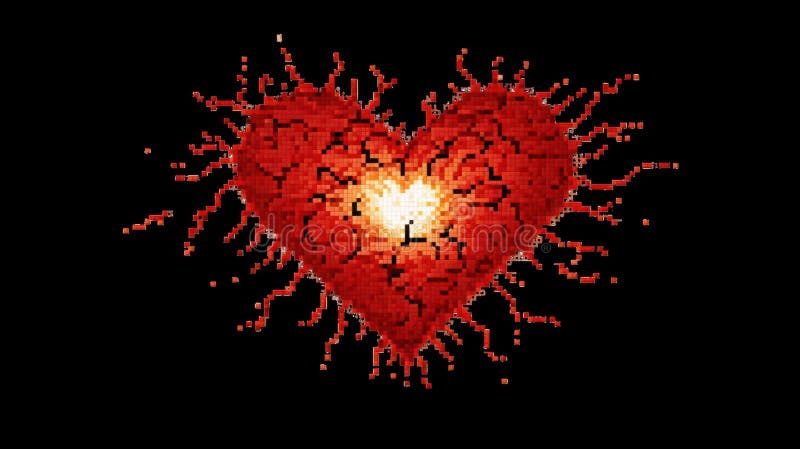 Pixel art red heart exploding with cracks on transparent background vector illustration