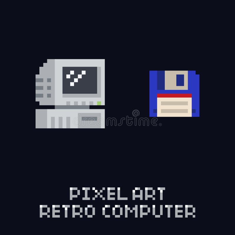 Pixel art retro computer- en blauwe diskettesymbool - vintage 8-bits vectorset op donkere achtergrond stock illustratie