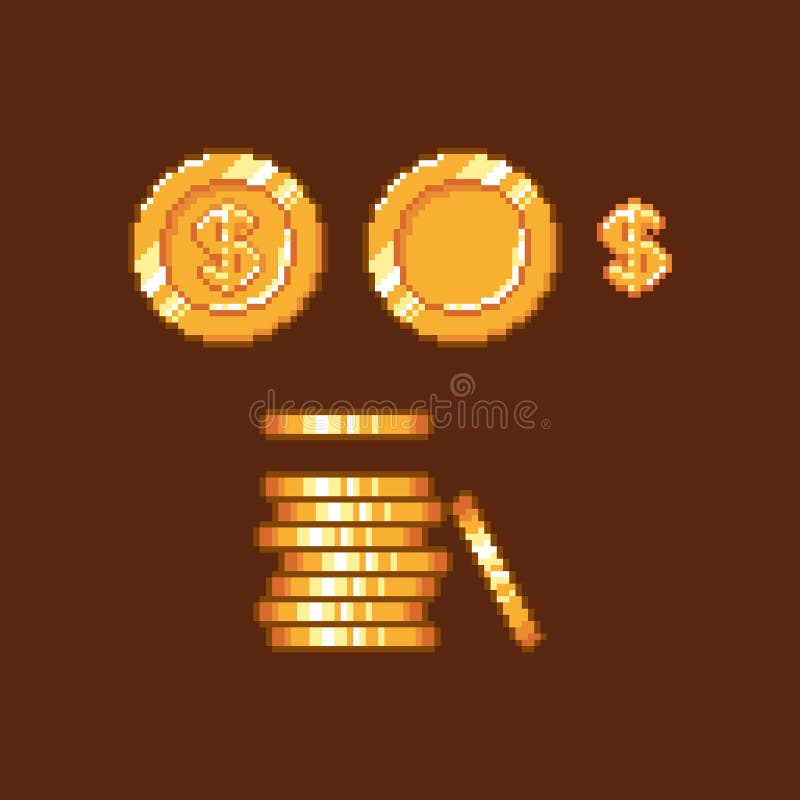 Pixel art retro gold coin dollar sign game asset icon set. Vector illustration isolated stock illustration