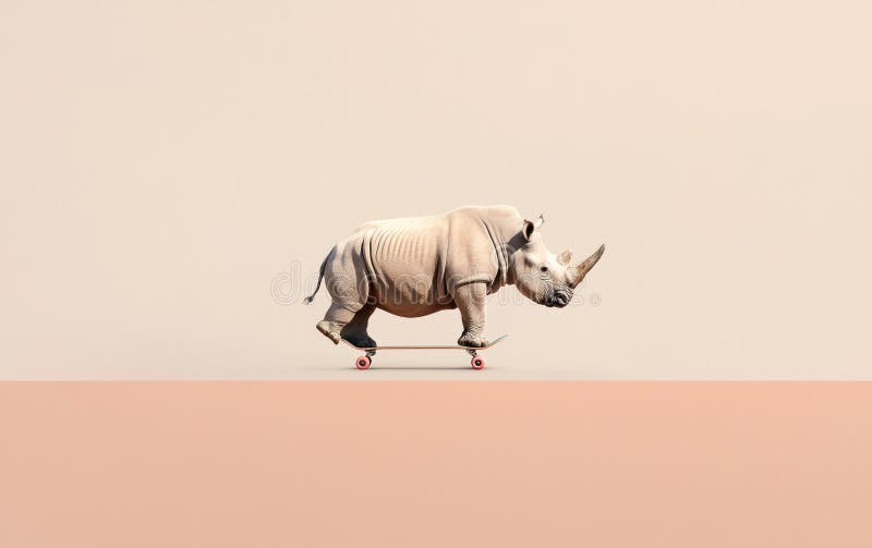 Pixel Art Rhino Skateboarding på minimalistisk bakgrund vektor illustrationer