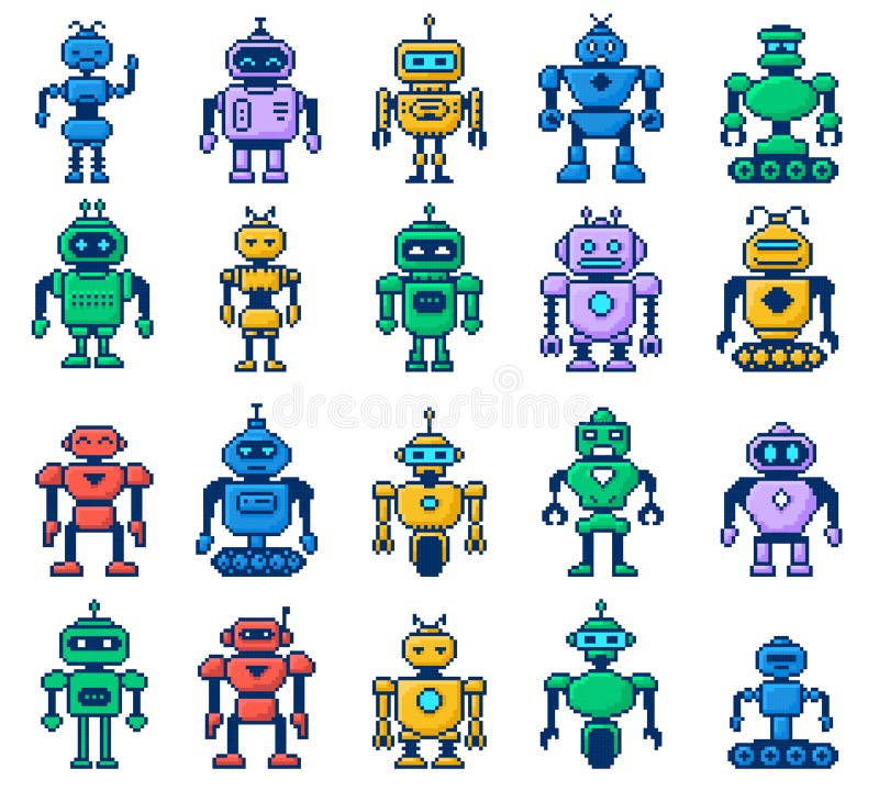 Pixel art robots. Futuristic robot, 8bit bot mascot and retro humanoid. Cyborg and android digital video game pixelated stock illustration