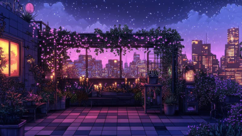 Pixel Art Rooftop Garden в ночное время с городскими огнями. AI Generative