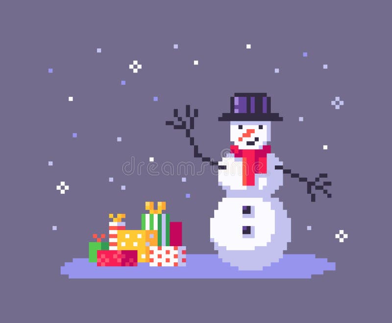 https://thumbs.dreamstime.com/b/pixel-art-snowman-gift-boxes-cute-christmas-greeting-illustration-holidays-vector-204211322.jpg
