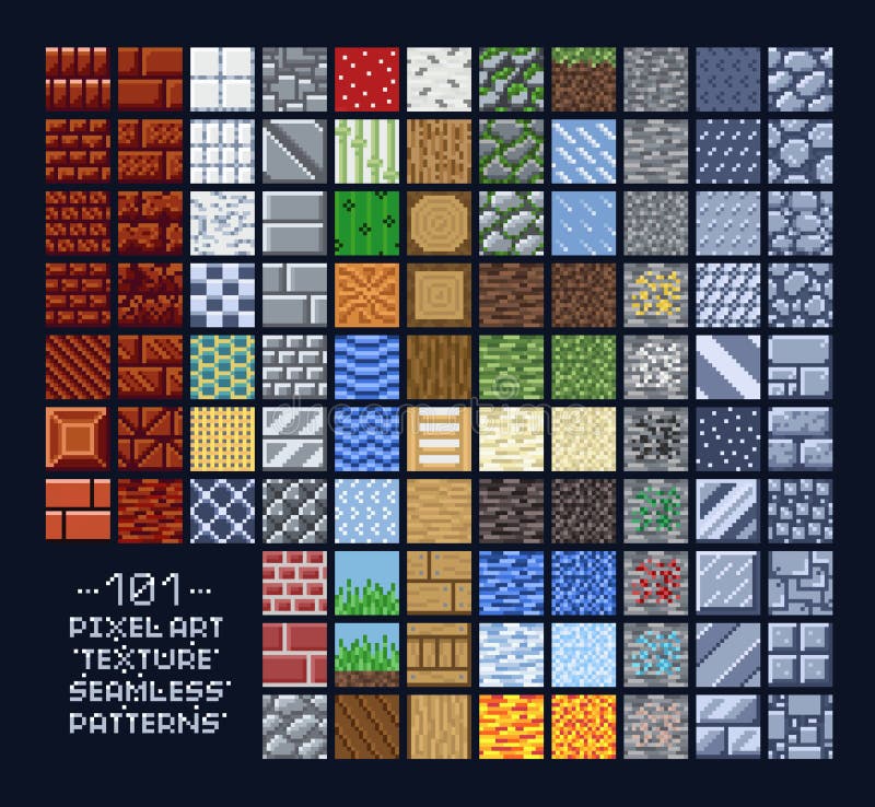 Pixel art style set of different 16x16 texture pattern sprites - stone, wood, brick, dirt, metal - 8 bit game design