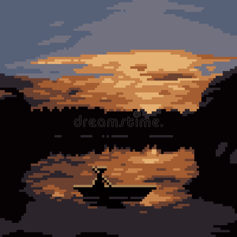 Pixel art sunset lake boat stock vector. Illustration of doodle 223418633